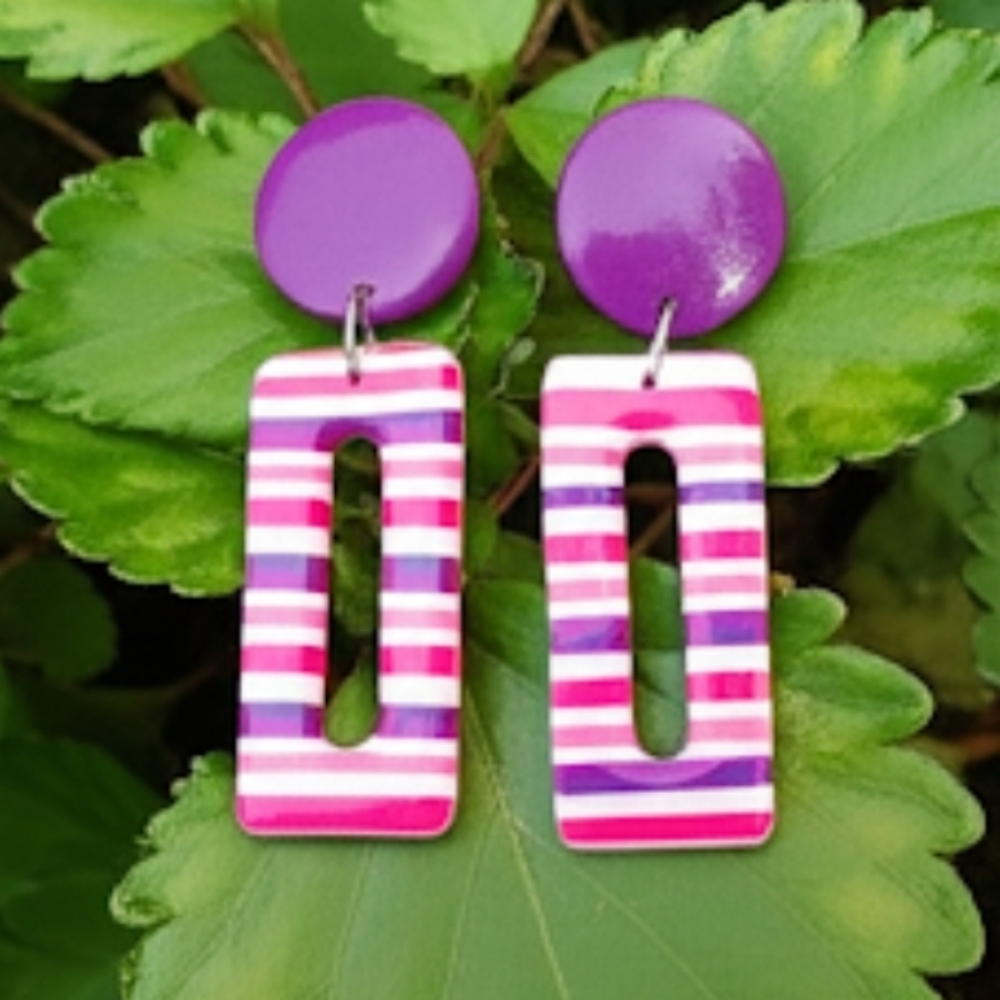 Fun Purple & Pink Striped Dangle Earrings, Summer Earrings